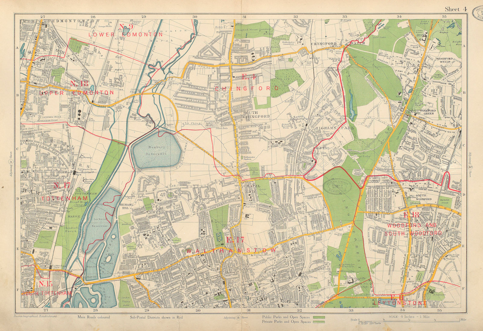 NE LONDON Chingford Walthamstow Edmonton Woodford Tottenham. BACON 1934 map